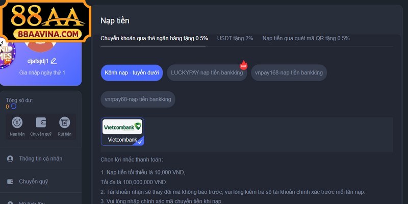 Chi tiết từng bước nạp tiền 88AA cực dễ dàng